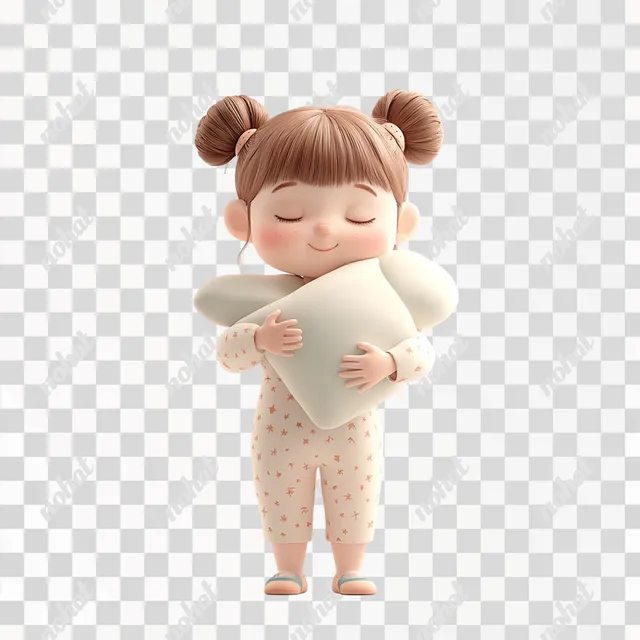 PNG Little girl in pajamas holding pillow, eyes closed, smiling in cozy scene