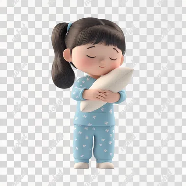 3D graphic illustrationA standing little girl, dressed in pajamas, is holding a pillow in her arms, eyes closed, wearing a sweet smile.a simple shape and design, a children's toy-like style, a C4D rendering, a white background, Beautiful color scheme, cartoon elements, and no human figure. The overall feel is warm and comfortable4k .