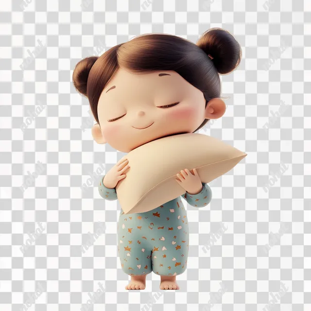 PNG Little girl in pajamas holding a pillow in cozy bedroom illustration