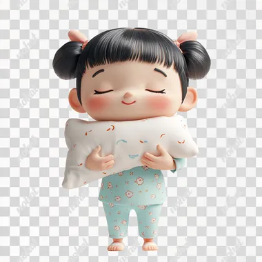 3D graphic illustrationA standing little girl, dressed in pajamas, is holding a pillow in her arms, eyes closed, wearing a sweet smile.a simple shape and design, a children's toy-like style, a C4D rendering, a white background, Beautiful color scheme, cartoon elements, and no human figure. The overall feel is warm and comfortable4k .