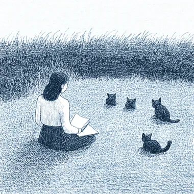 blue-themed. blue color palette, a sad woman journaling at a park with cats, minimalist, plain background, blue themed, blue,  2411695838
