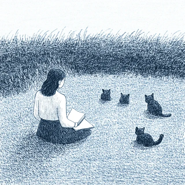 Blue-themed drawing of a woman journaling in a park with cats