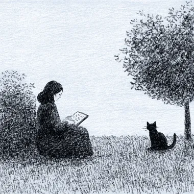 blue-themed. blue color palette, a sad woman journaling at a park with cats, minimalist, plain background, blue themed, blue,  2411695838