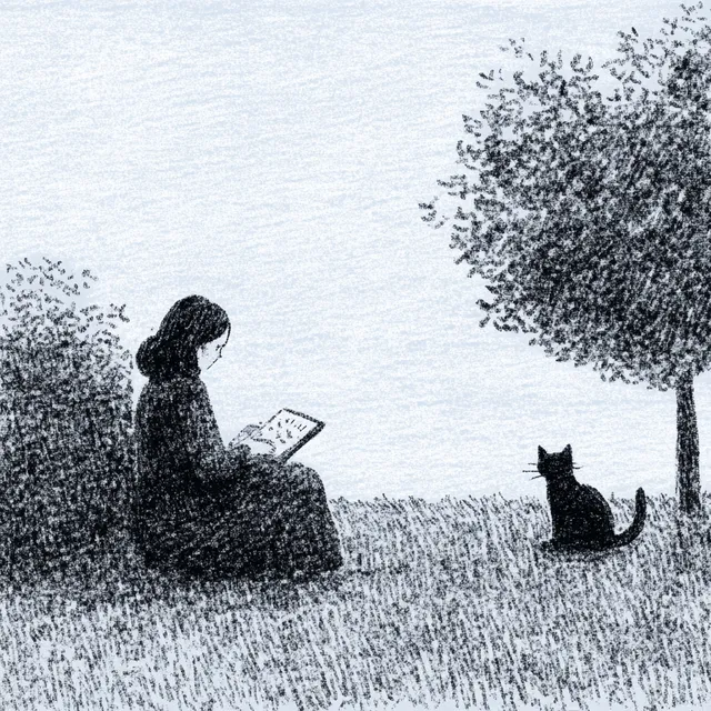 Woman journaling in a park with cats, blue-themed minimalist scene