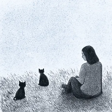 blue-themed. blue color palette, a sad woman journaling at a park with cats, minimalist, plain background, blue themed, blue,  2411695838