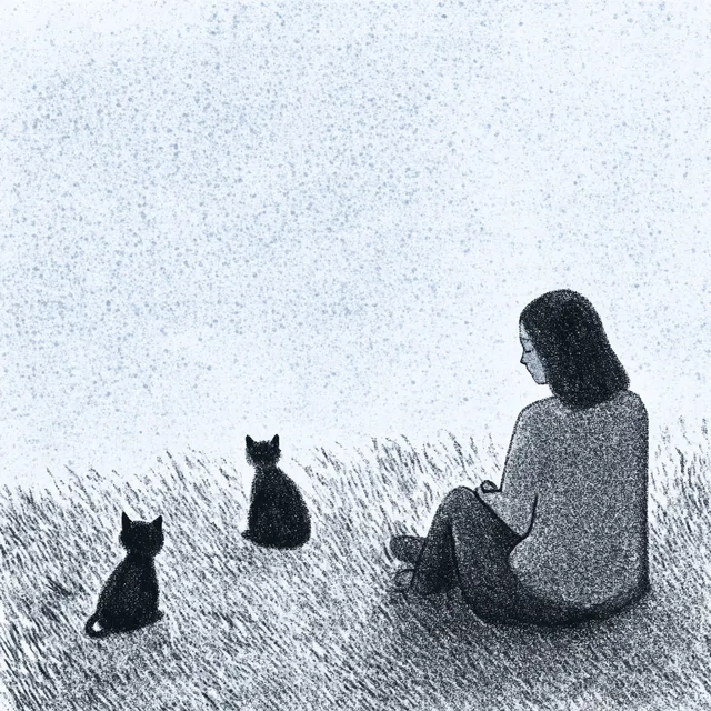 Woman Journaling in a Park Field with Two Cats in Blue Color Palette