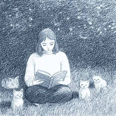 blue-themed. blue color palette, a sad woman journaling at a park with cats, minimalist, plain background, blue themed, blue,  2411695838