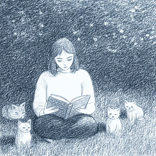 Girl journaling in park with cats, blue-themed minimalist scene