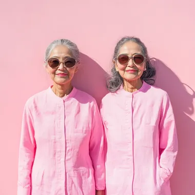 Two 40 year old Asian grandmothers, dressed in pink clothes and sunglasses, are very fashionable. They look sunny and energetic, showing happy smiles, smiles, This is a professional photo with a minimalist design style, Morandi. Photography style, realism, realistic shooting, bright and clean, spacious, charming light and shadow, soft breeze flow, Nikon camera, Canon 5D, Fuji XT100, Sony Alpha, film long lens, high detail, realism