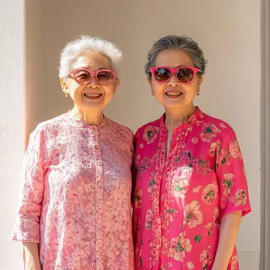 Two 40 year old Asian grandmothers, dressed in pink clothes and sunglasses, are very fashionable. They look sunny and energetic, showing happy smiles, smiles, This is a professional photo with a minimalist design style, Morandi. Photography style, realism, realistic shooting, bright and clean, spacious, charming light and shadow, soft breeze flow, Nikon camera, Canon 5D, Fuji XT100, Sony Alpha, film long lens, high detail, realism