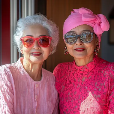 Two 40 year old Asian grandmothers, dressed in pink clothes and sunglasses, are very fashionable. They look sunny and energetic, showing happy smiles, smiles, This is a professional photo with a minimalist design style, Morandi. Photography style, realism, realistic shooting, bright and clean, spacious, charming light and shadow, soft breeze flow, Nikon camera, Canon 5D, Fuji XT100, Sony Alpha, film long lens, high detail, realism