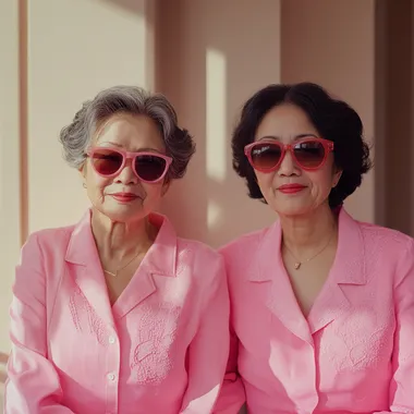 Two 40 year old Asian grandmothers, dressed in pink clothes and sunglasses, are very fashionable. They look sunny and energetic, showing happy smiles, smiles, This is a professional photo with a minimalist design style, Morandi. Photography style, realism, realistic shooting, bright and clean, spacious, charming light and shadow, soft breeze flow, Nikon camera, Canon 5D, Fuji XT100, Sony Alpha, film long lens, high detail, realism