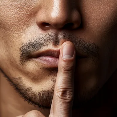 A photograph of Korean man in his 20s, Close up of a man's hand with his index finger on his lips, a sign showing silence isolated over a white background. The image is in the style of an anonymous artist  9pcqkil