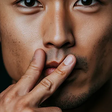 A photograph of Korean man in his 20s, Close up of a man's hand with his index finger on his lips, a sign showing silence isolated over a white background. The image is in the style of an anonymous artist  9pcqkil