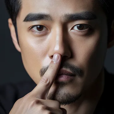 A photograph of Korean man in his 20s, Close up of a man's hand with his index finger on his lips, a sign showing silence isolated over a white background. The image is in the style of an anonymous artist  9pcqkil