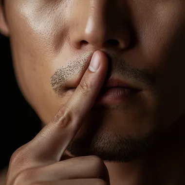 A photograph of Korean man in his 20s, Close up of a man's hand with his index finger on his lips, a sign showing silence isolated over a white background. The image is in the style of an anonymous artist  9pcqkil