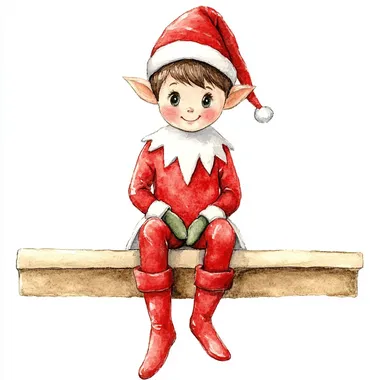 elf sitting on a shelf, watercolor style clipart, highly detailed, , isolated on a white background , 'Elf on the Shelf' theme