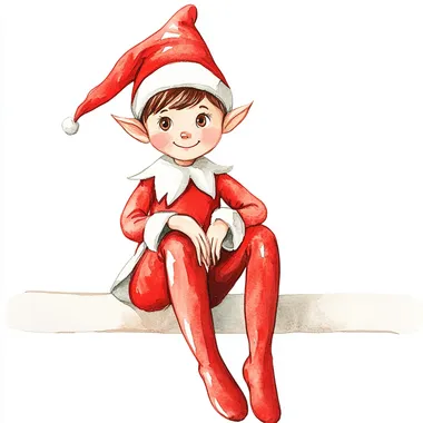 elf sitting on a shelf, watercolor style clipart, highly detailed, , isolated on a white background , 'Elf on the Shelf' theme