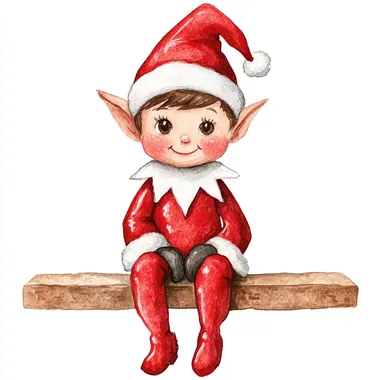 elf sitting on a shelf, watercolor style clipart, highly detailed, , isolated on a white background , 'Elf on the Shelf' theme