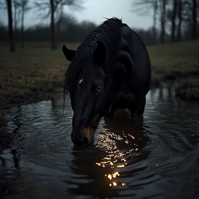 Black Horse Drinking Water at Night in a Lake Under Moonlight