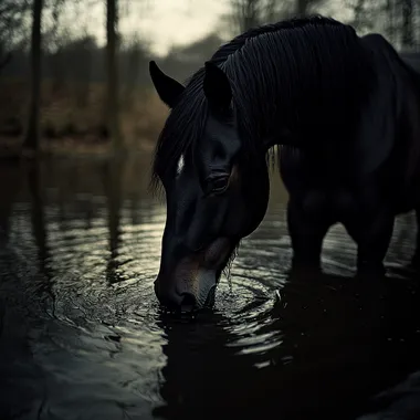 black horse in a lake, at night , flash photography, juergen teller style, drinking water, ripples, moonlight