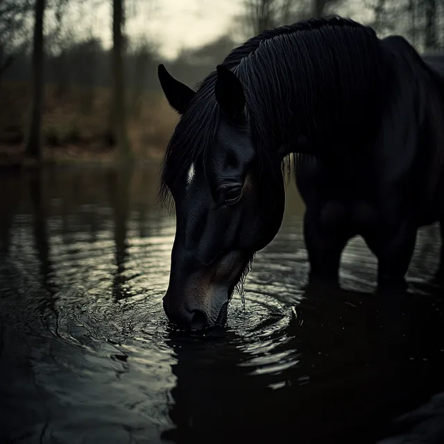 Black Horse Drinking Water in Moonlit Woods, Flash Photography, Ripples