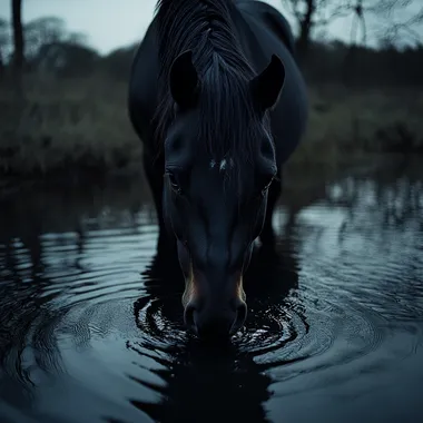 black horse in a lake, at night , flash photography, juergen teller style, drinking water, ripples, moonlight