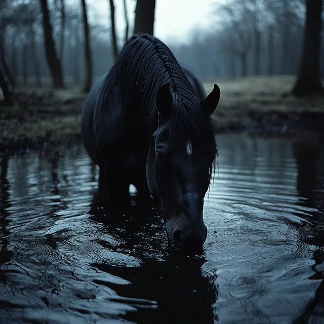 Black Horse Drinking from Lake at Night with Moonlight Ripples