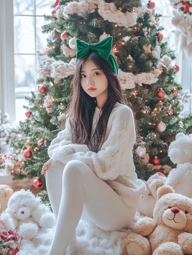 A gorgeous Asian woman wearing white leggings and a sweater with a green bow on her head, sitting in front of a large Christmas tree surrounded by teddy bears and pink roses. The beautiful, modern living room is decorated for Christmas, with a large window behind her, letting in lots of light. The scene has a dreamy, magical quality, reminiscent of fine art photography.