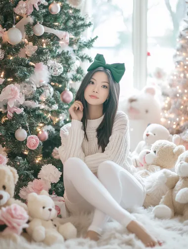 A gorgeous Asian woman wearing white leggings and a sweater with a green bow on her head, sitting in front of a large Christmas tree surrounded by teddy bears and pink roses. The beautiful, modern living room is decorated for Christmas, with a large window behind her, letting in lots of light. The scene has a dreamy, magical quality, reminiscent of fine art photography.