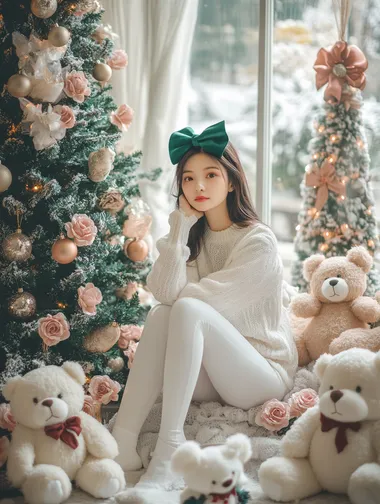 A gorgeous Asian woman wearing white leggings and a sweater with a green bow on her head, sitting in front of a large Christmas tree surrounded by teddy bears and pink roses. The beautiful, modern living room is decorated for Christmas, with a large window behind her, letting in lots of light. The scene has a dreamy, magical quality, reminiscent of fine art photography.