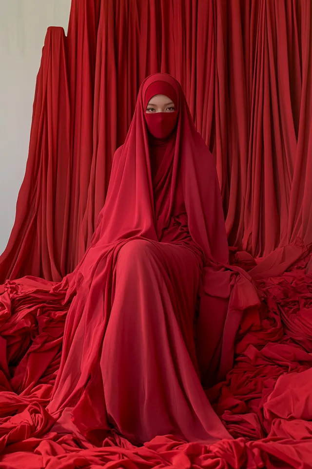 Attractive Muslim woman in red abaya sitting on bed of clothes, fashion photo