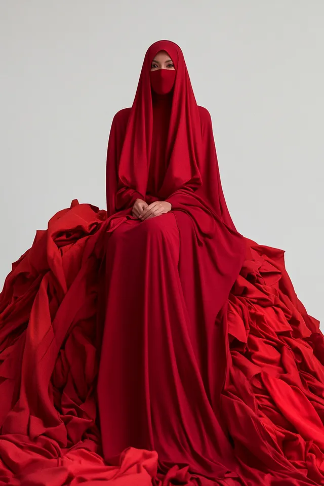 Attractive Muslim Woman in Red Abaya Posing in Fashion Photography