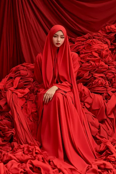 an attractive Muslim female model face covered wearing a red abaya sitting on a tall pile of red clothes, fashion photography, studio background , avant-garde vibes, minimalistic, in the style of Vogue cover