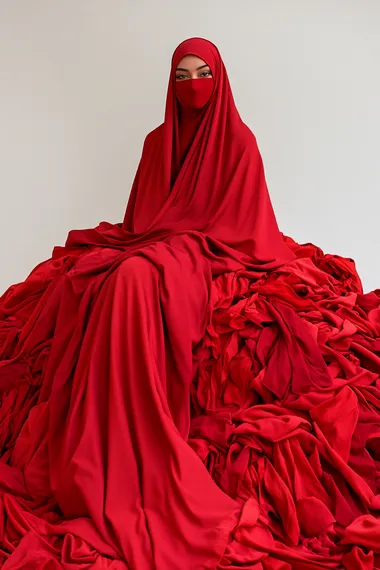 an attractive Muslim female model face covered wearing a red abaya sitting on a tall pile of red clothes, fashion photography, studio background , avant-garde vibes, minimalistic, in the style of Vogue cover