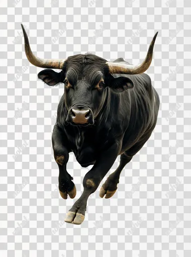 A running black bull, side view, photography, photo, magazine cover, national geographic photography, plain white background