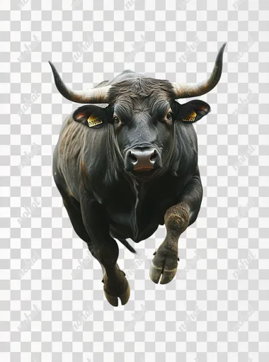 A running black bull, side view, photography, photo, magazine cover, national geographic photography, plain white background