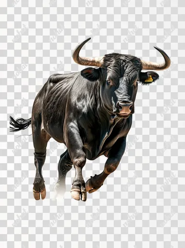 A running black bull, side view, photography, photo, magazine cover, national geographic photography, plain white background