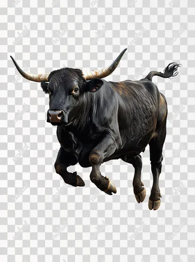 A running black bull, side view, photography, photo, magazine cover, national geographic photography, plain white background