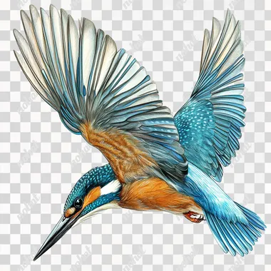 A kingfisher hovering pose with head down, a detailed illustration in the style of Lee Laidlaw and Alan Higson against a white background.