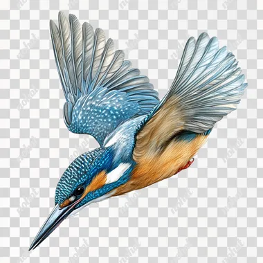 A kingfisher hovering pose with head down, a detailed illustration in the style of Lee Laidlaw and Alan Higson against a white background.