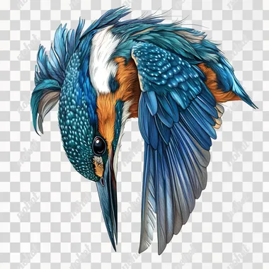 A kingfisher hovering pose with head down, a detailed illustration in the style of Lee Laidlaw and Alan Higson against a white background.