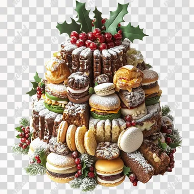 A layered cake arrangement featuring multiple Christmas yule logs as the top and middle layers, decorated with holly leaves, berries, and powdered sugar. Additional layers include mini hamburgers, colorful macarons, and specialty breads with various textures. The overall look is festive and elegant, with multiple yule logs highlighted as the central theme, arranged on a clean white background