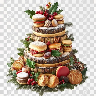 A layered cake arrangement featuring multiple Christmas yule logs as the top and middle layers, decorated with holly leaves, berries, and powdered sugar. Additional layers include mini hamburgers, colorful macarons, and specialty breads with various textures. The overall look is festive and elegant, with multiple yule logs highlighted as the central theme, arranged on a clean white background