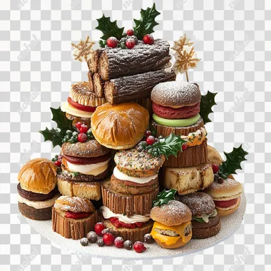 A layered cake arrangement featuring multiple Christmas yule logs as the top and middle layers, decorated with holly leaves, berries, and powdered sugar. Additional layers include mini hamburgers, colorful macarons, and specialty breads with various textures. The overall look is festive and elegant, with multiple yule logs highlighted as the central theme, arranged on a clean white background