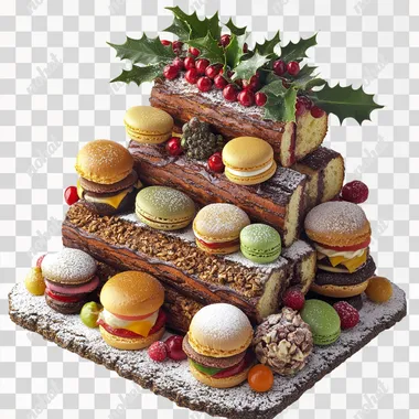 A layered cake arrangement featuring multiple Christmas yule logs as the top and middle layers, decorated with holly leaves, berries, and powdered sugar. Additional layers include mini hamburgers, colorful macarons, and specialty breads with various textures. The overall look is festive and elegant, with multiple yule logs highlighted as the central theme, arranged on a clean white background
