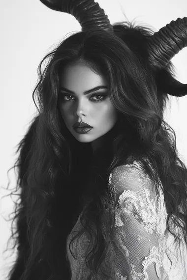 A black and white photograph of the devil posing behind an airbrushed extremely beautiful Instagram model with long thick wavy brown hair on a white background in a hyper-realistic style