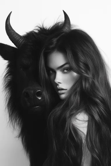 A black and white photograph of the devil posing behind an airbrushed extremely beautiful Instagram model with long thick wavy brown hair on a white background in a hyper-realistic style