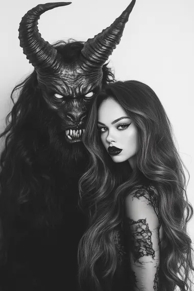 A black and white photograph of the devil posing behind an airbrushed extremely beautiful Instagram model with long thick wavy brown hair on a white background in a hyper-realistic style