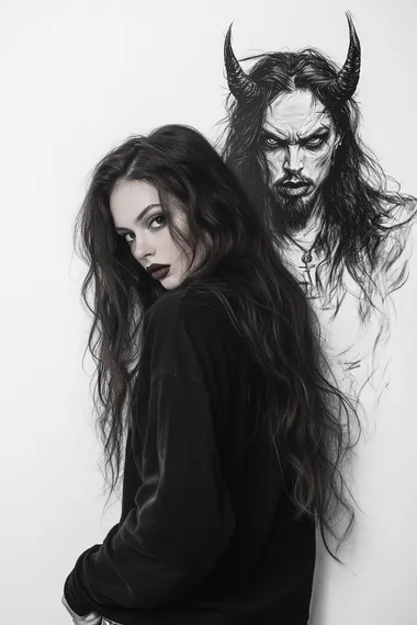 A black and white photograph of the devil posing behind an airbrushed extremely beautiful Instagram model with long thick wavy brown hair on a white background in a hyper-realistic style
